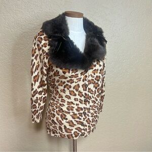Just B sequin cardigan size large animal print faux fur collar
